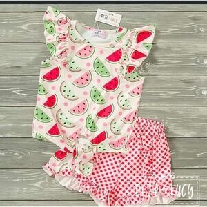 Pete + Lucy Baby Girl Watermelon Outfit Ruffle Sleeve Gingham Shorts Set NWT